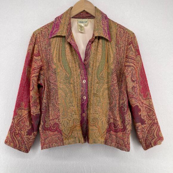 COLDWATER CREEK Top S Wool Silk Tweed Bandana Tapestry Button Front Pink VTG - Picture 1 of 14
